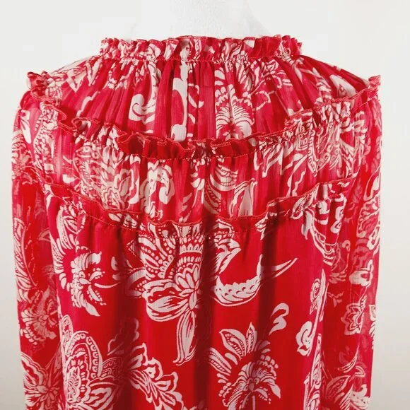 Evereve, M Red and White Print Blouse, Long Sleeve, Tie V Neck Small Ruffle Trim - Picture 9 of 16